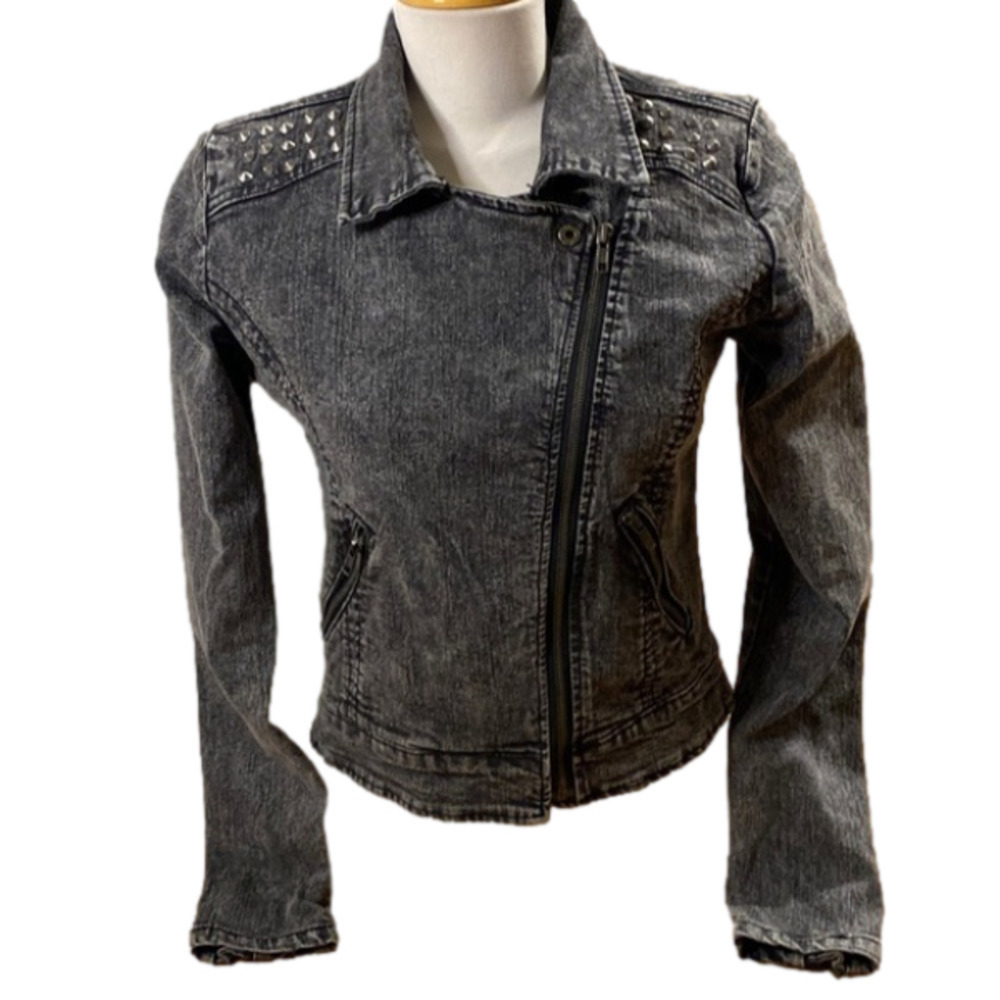 Vintage Ardene Black Jean Jacket Stud Embellished Full Zip (Size Medium) Women’s